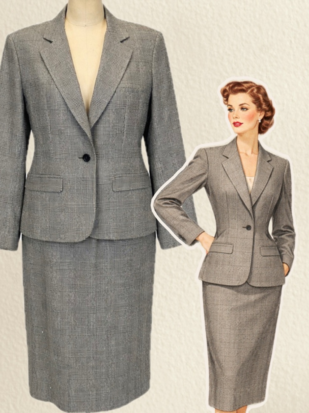 VINTAGE 90s plaid neutral wool suit pencil skirt blazer jacket set office career
